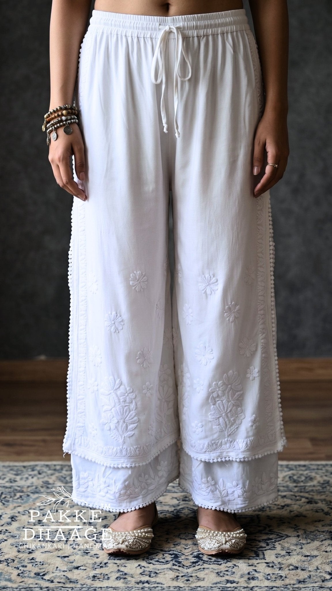 Handmade White Chikankari Palazzo | Double-Layered Flared Trousers