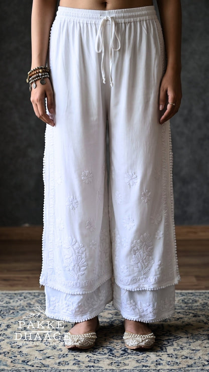 Handmade White Chikankari Palazzo | Double-Layered Flared Trousers