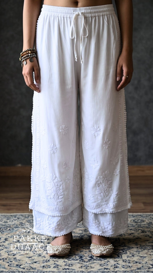 Handmade White Chikankari Palazzo | Double-Layered Flared Trousers