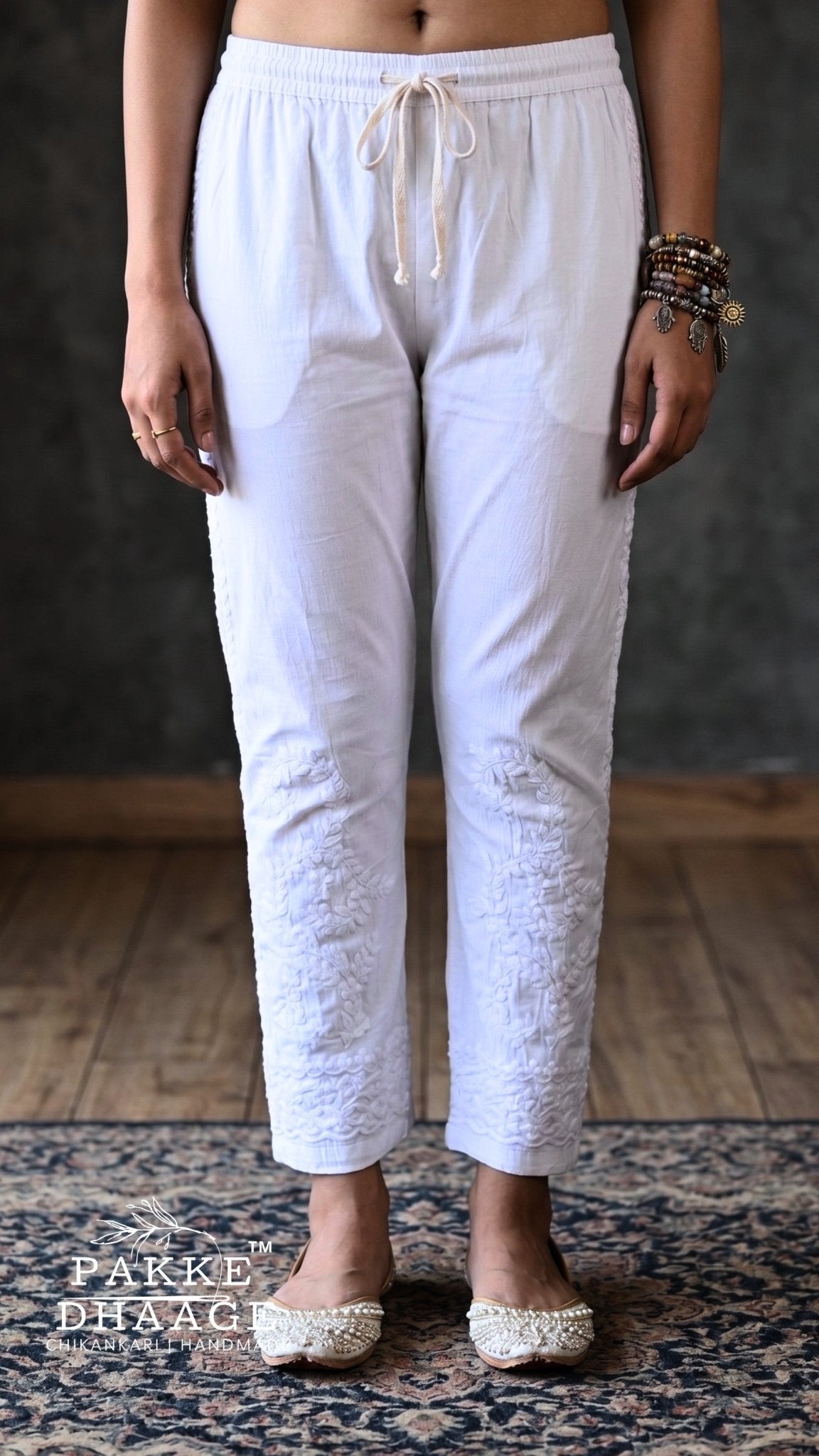 Handmade White Cotton Chikankari Trousers | Climbing Vine & Side Lace Detail