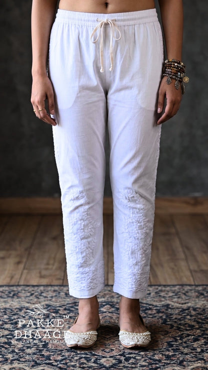 Handmade White Cotton Chikankari Trousers | Climbing Vine & Side Lace Detail