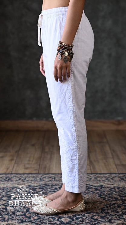 Handmade White Cotton Chikankari Trousers | Climbing Vine & Side Lace Detail