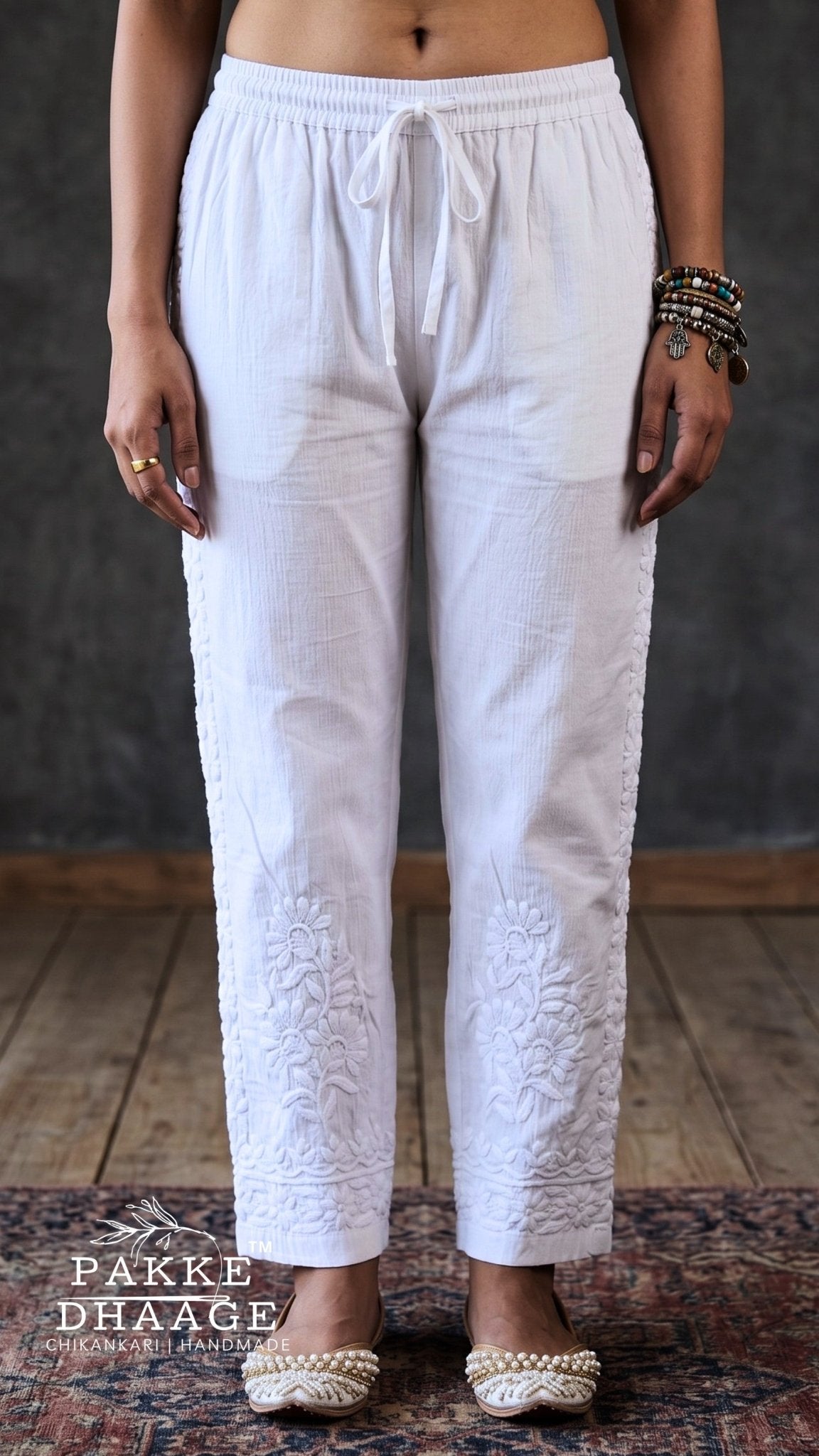 Handmade White Cotton Tapered-Leg Chikankari Pants | Side-Panel Embroidery