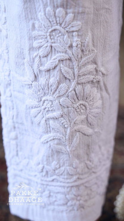 Handmade White Cotton Tapered-Leg Chikankari Pants | Side-Panel Embroidery