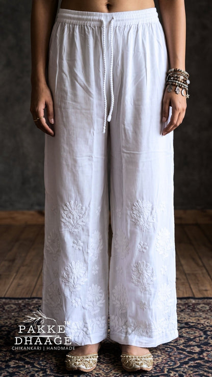 Handmade White Pure Modal Chikankari Flared Palazzo | Luxe Wide-Leg Trousers