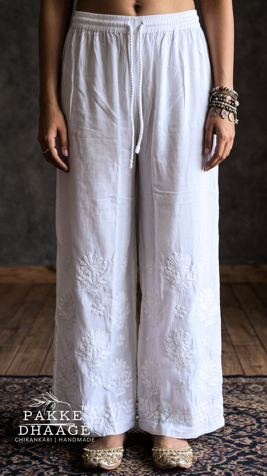 Handmade White Pure Modal Chikankari Flared Palazzo | Luxe Wide-Leg Trousers