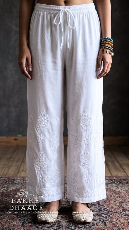 Handmade White Pure Modal Chikankari Palazzo | Premium Straight-Leg Fit