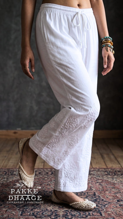 Handmade White Pure Modal Chikankari Palazzo | Premium Straight-Leg Fit