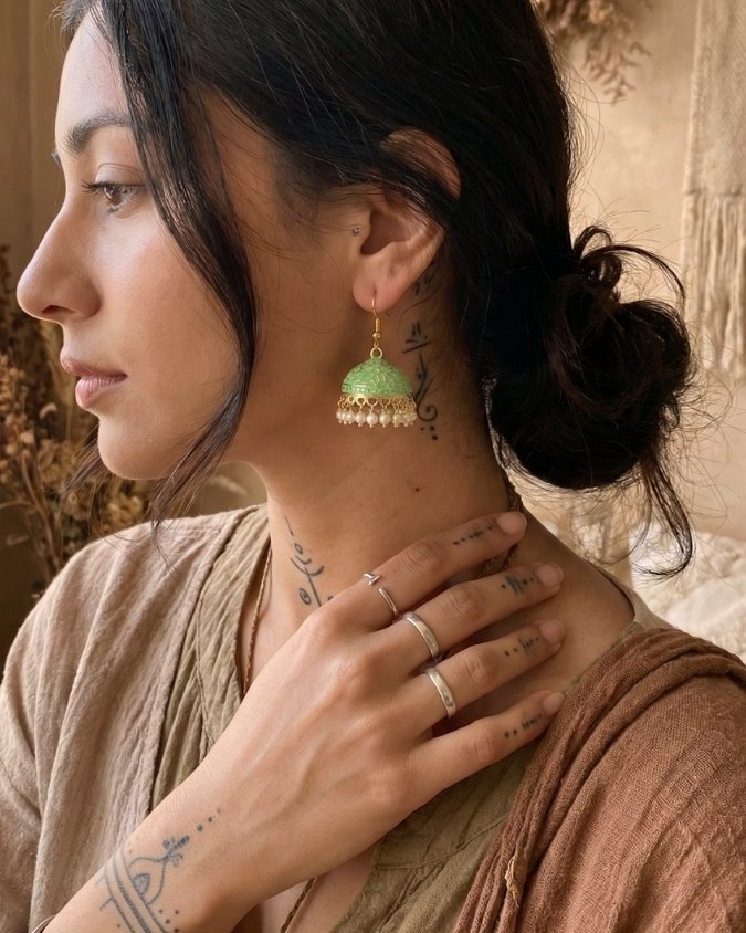 Handpainted Meenakari Jhumkas Green