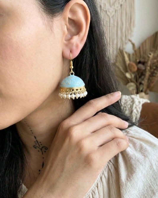 Handpainted Meenakari Jhumkas Light Blue