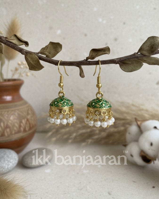 Handpainted Meenakari Jhumkas Monsoon Green