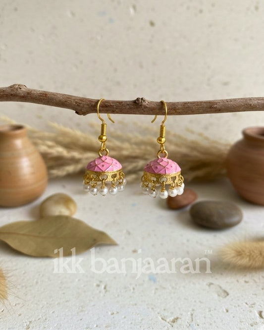 Handpainted Meenakari Jhumkas Soft Baby Pink