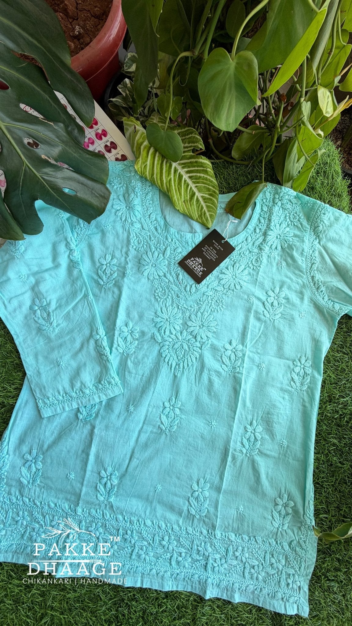 Hiba Pure Cotton Chikankari Short Kurti - Aqua Blue