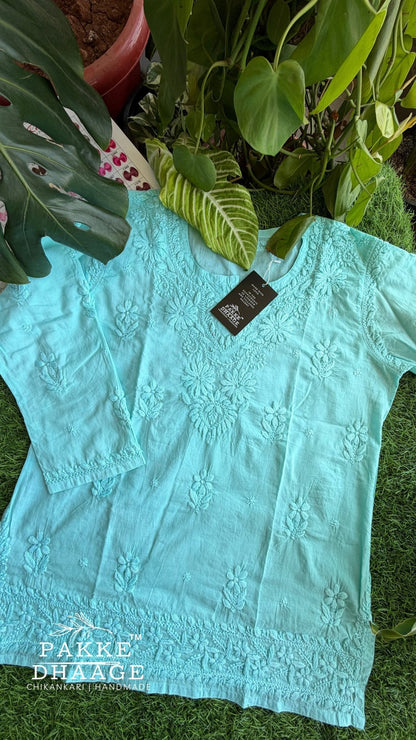 Hiba Pure Cotton Chikankari Short Kurti - Aqua Blue