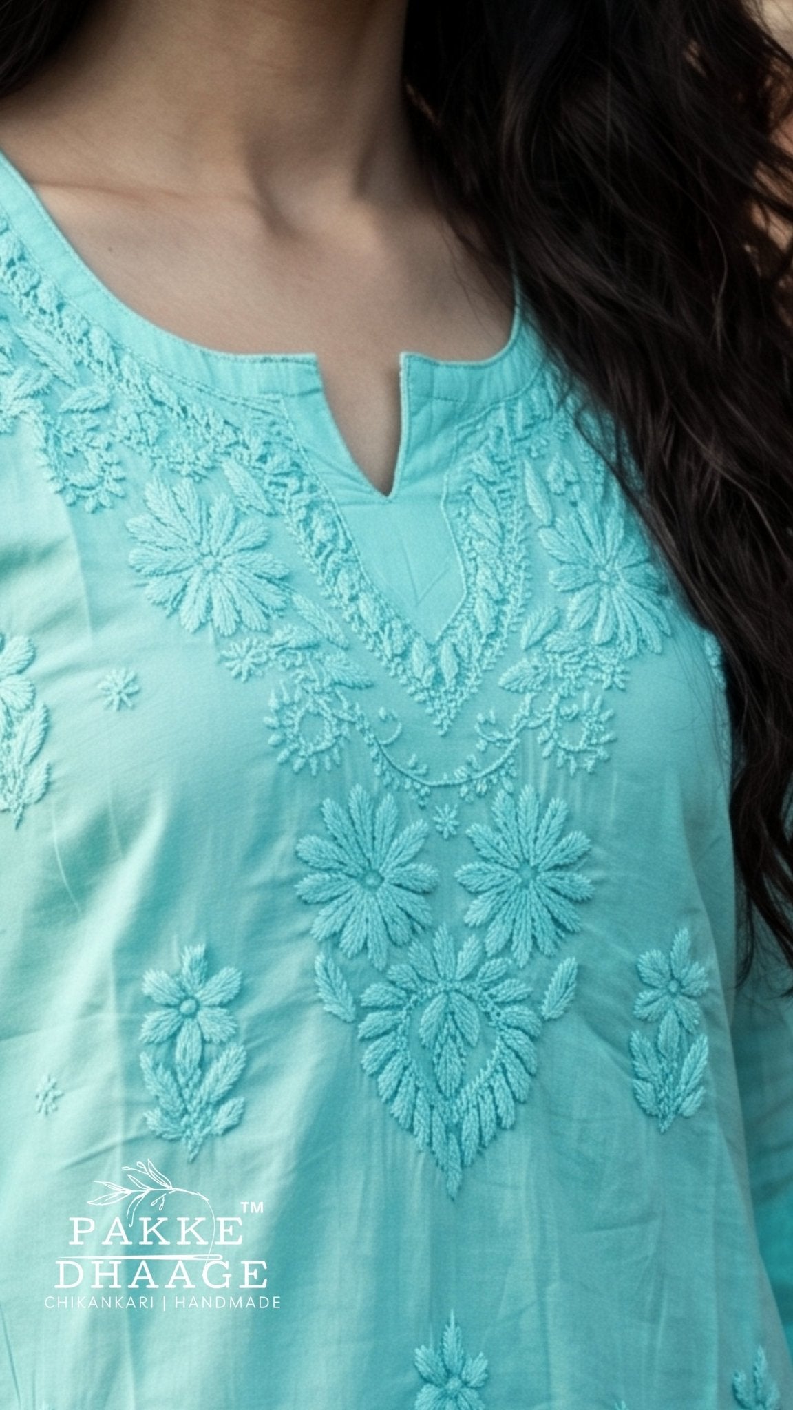 Hiba Pure Cotton Chikankari Short Kurti - Aqua Blue