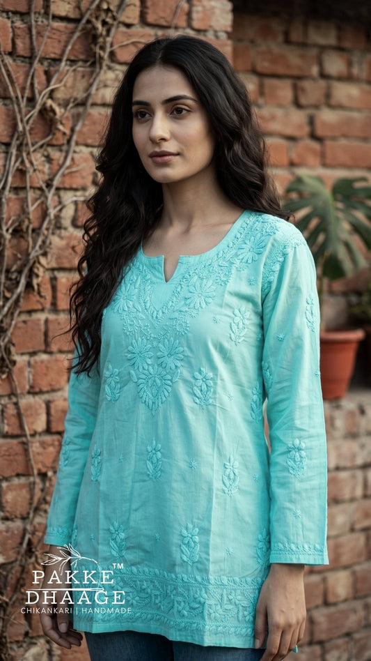 Hiba Pure Cotton Chikankari Short Kurti - Aqua Blue
