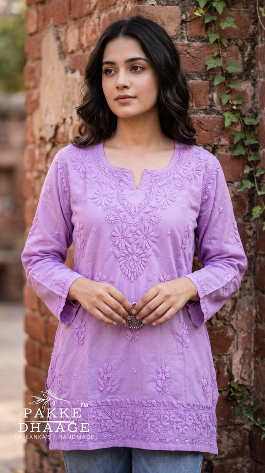 Hiba Pure Cotton Chikankari Short Kurti - Lilac