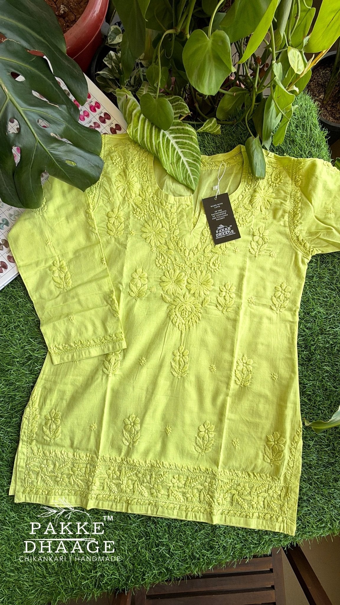 Hiba Pure Cotton Chikankari Short Kurti - Lime Green