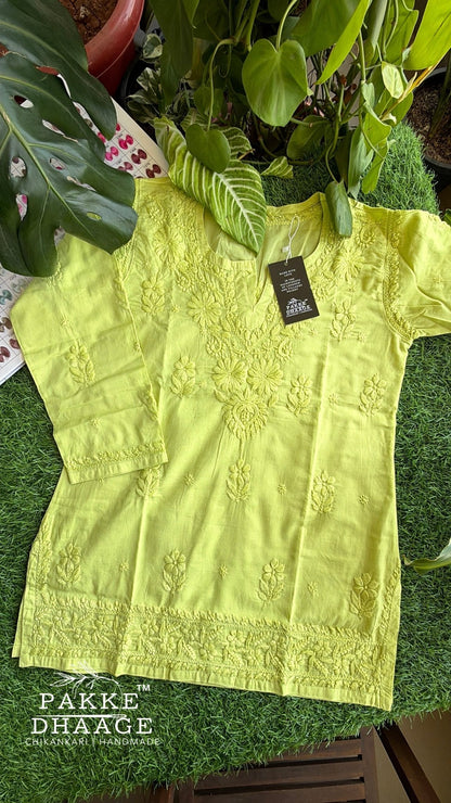 Hiba Pure Cotton Chikankari Short Kurti - Lime Green