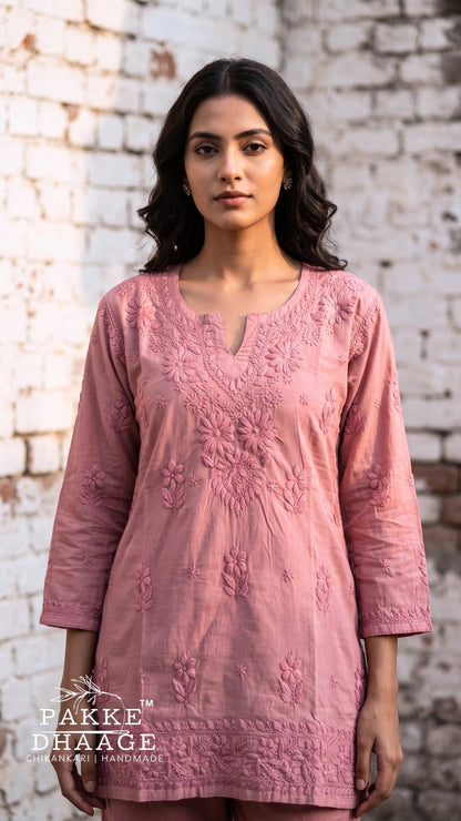 Hiba Pure Cotton Chikankari Short Kurti - Onion Pink