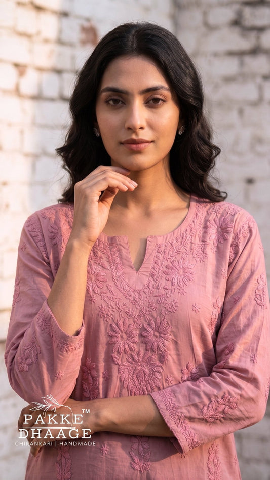 Hiba Pure Cotton Chikankari Short Kurti - Onion Pink