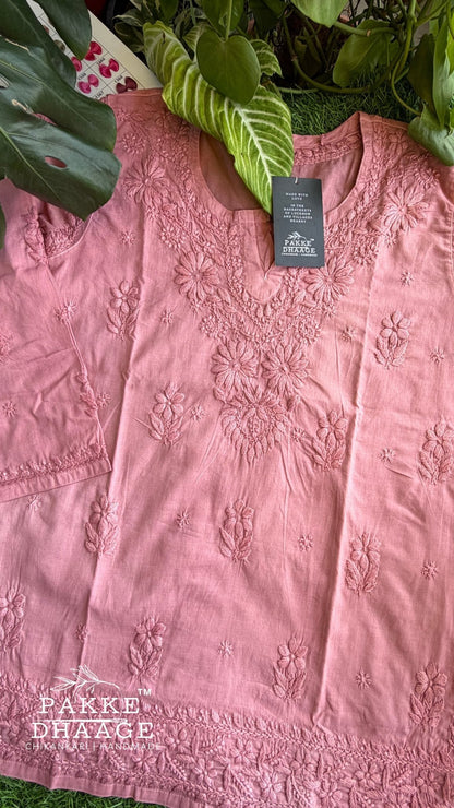Hiba Pure Cotton Chikankari Short Kurti - Onion Pink
