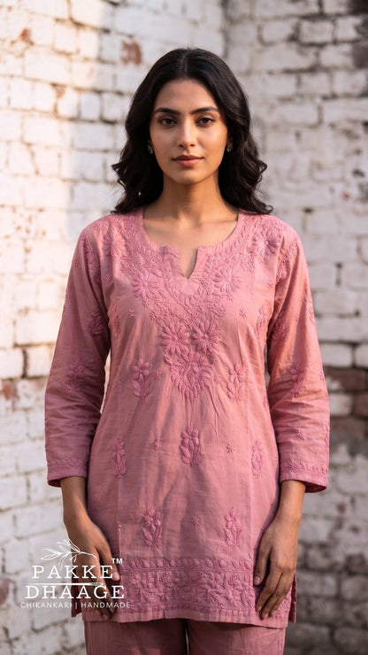 Hiba Pure Cotton Chikankari Short Kurti - Onion Pink
