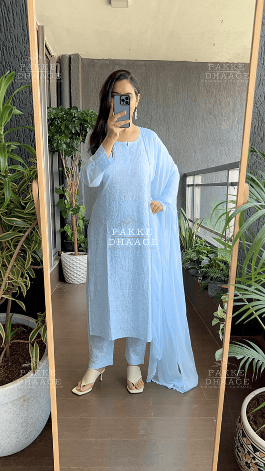 Inayat Resham Dhaaga Mulmul Kurta & Kurta Sets - Baby Blue