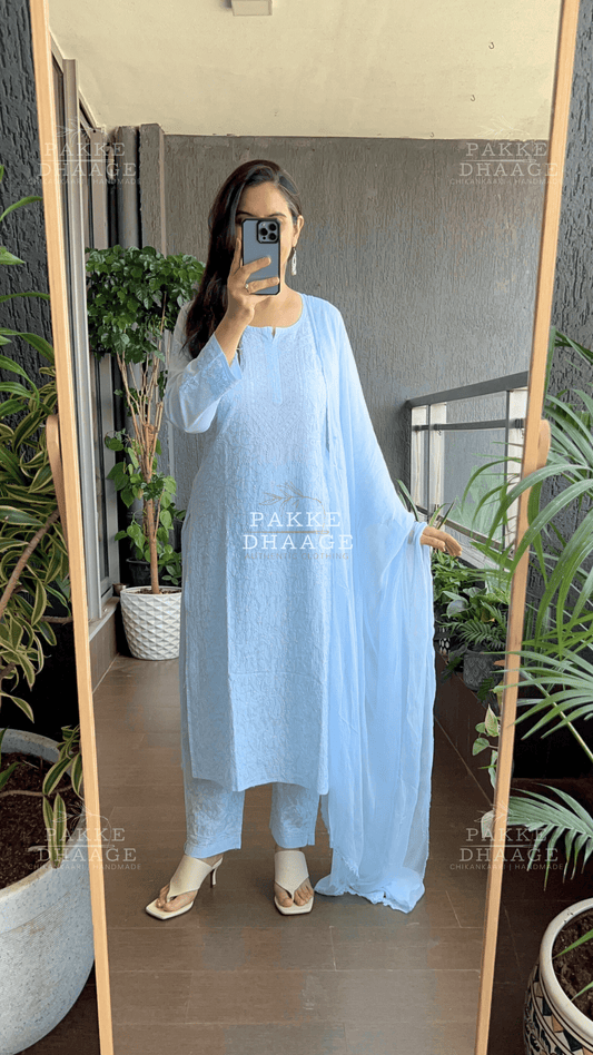 Inayat Resham Dhaaga Mulmul Kurta & Kurta Sets - Baby Blue