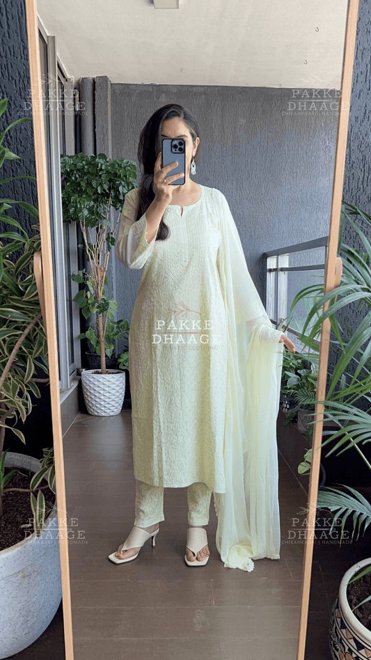 Inayat Resham Dhaaga Mulmul Kurta & Kurta Sets - Lime Yellow