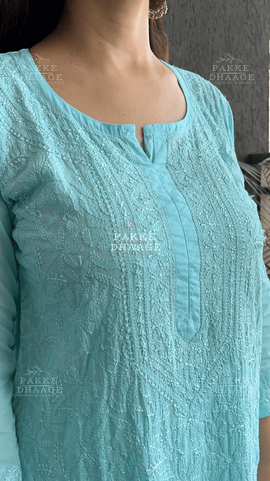 Inayat Resham Dhaaga Mulmul Kurta & Kurta Sets - Turquoise Blue