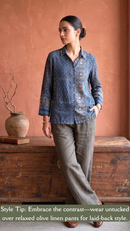Indigo Artisanal Patchwork Printed Shirt