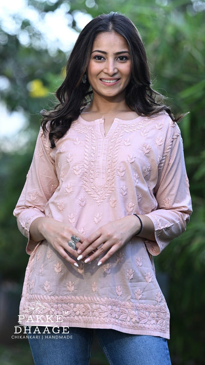 Ira Pure Cotton Chikankari Short Kurti - Dusty Peach