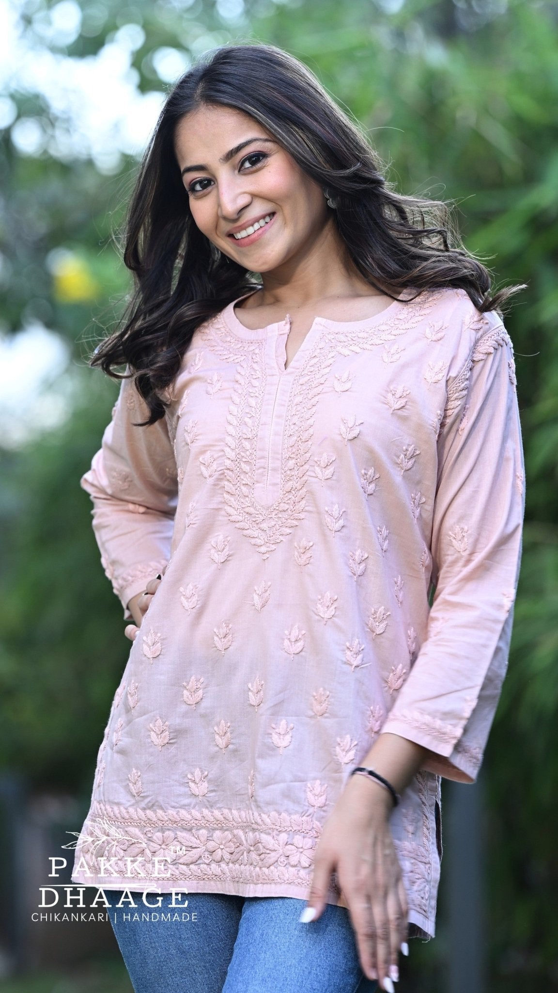 Ira Pure Cotton Chikankari Short Kurti - Dusty Peach