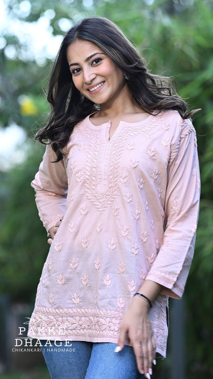 Ira Pure Cotton Chikankari Short Kurti - Dusty Peach