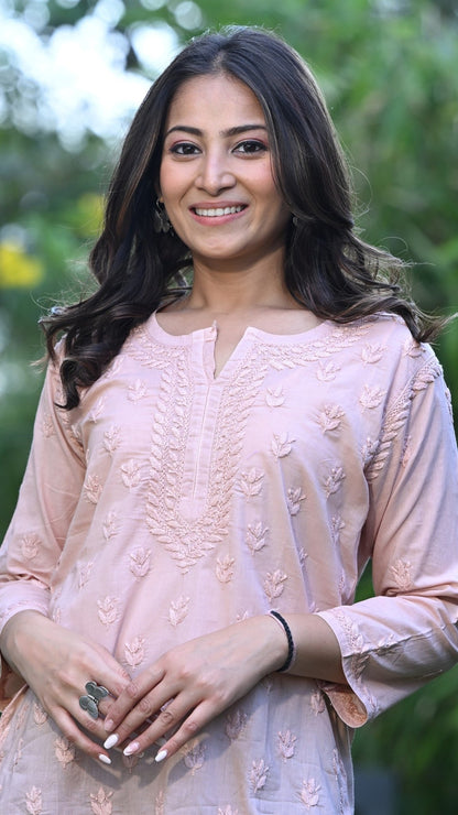 Ira Pure Cotton Chikankari Short Kurti - Dusty Peach
