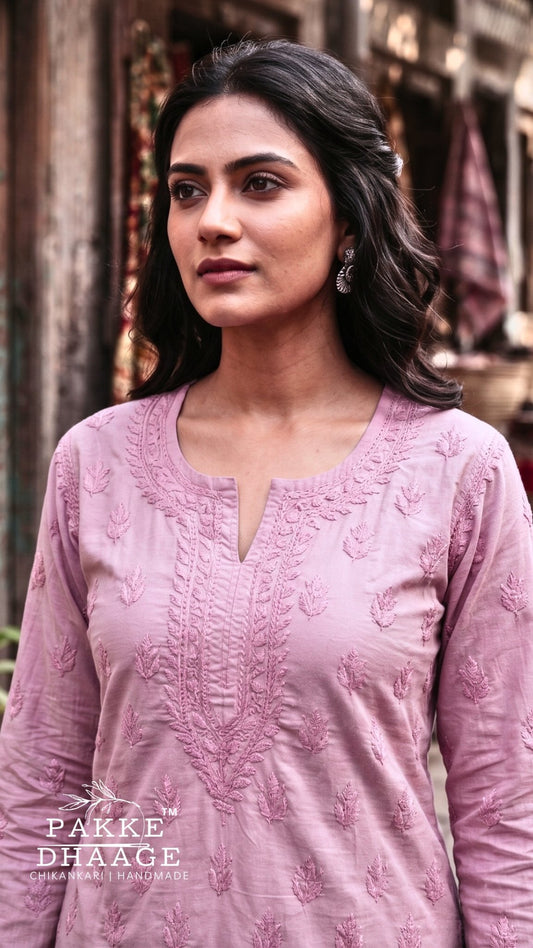 Ira Pure Cotton Chikankari Short Kurti - Dusty Rose