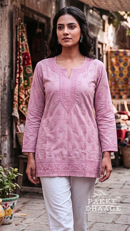 Ira Pure Cotton Chikankari Short Kurti - Dusty Rose