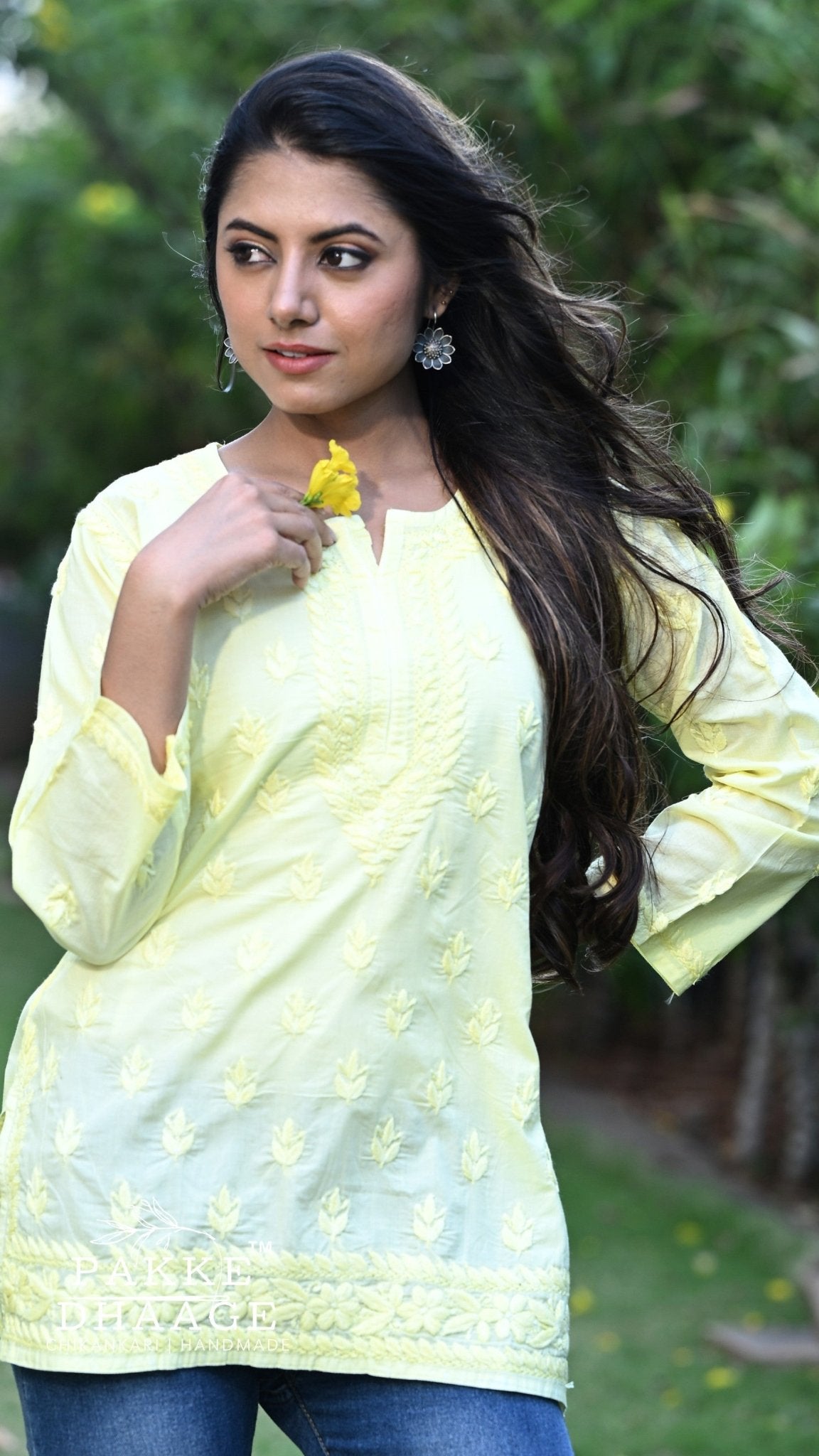 Ira Pure Cotton Chikankari Short Kurti - Lime Green