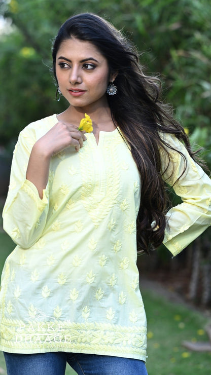 Ira Pure Cotton Chikankari Short Kurti - Lime Green