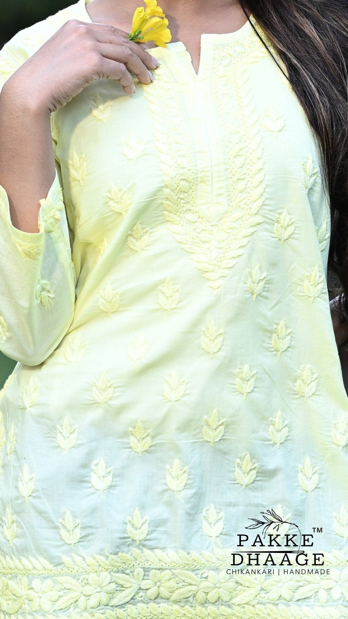 Ira Pure Cotton Chikankari Short Kurti - Lime Green