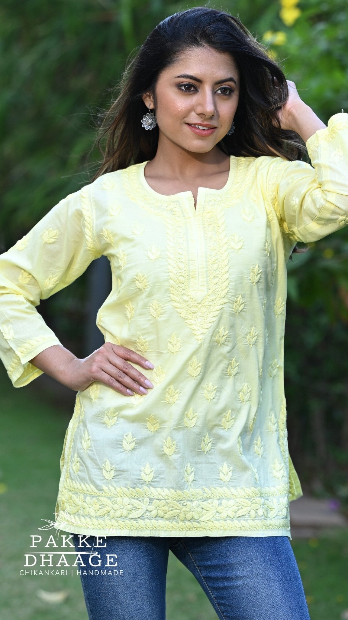 Ira Pure Cotton Chikankari Short Kurti - Lime Green