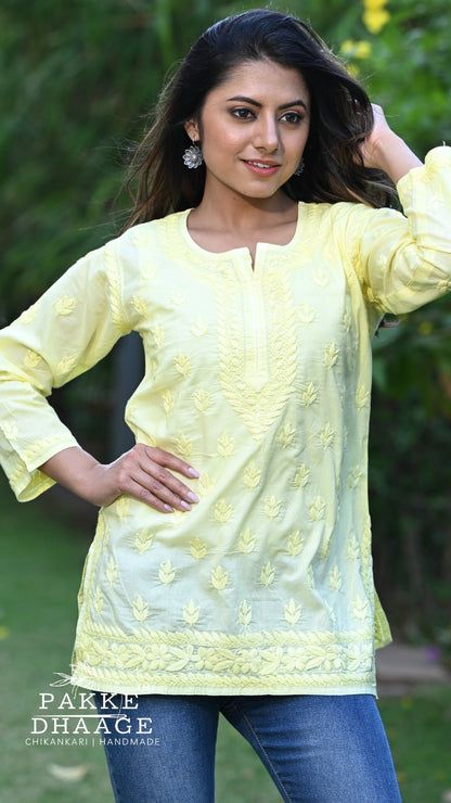 Ira Pure Cotton Chikankari Short Kurti - Lime Green