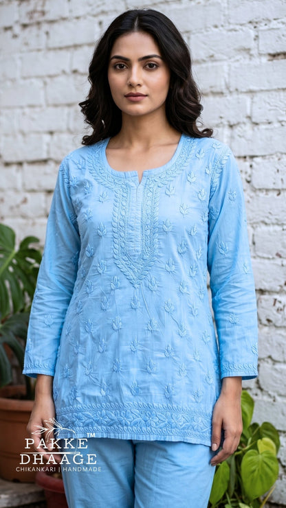 Ira Pure Cotton Chikankari Short Kurti - Powder Blue