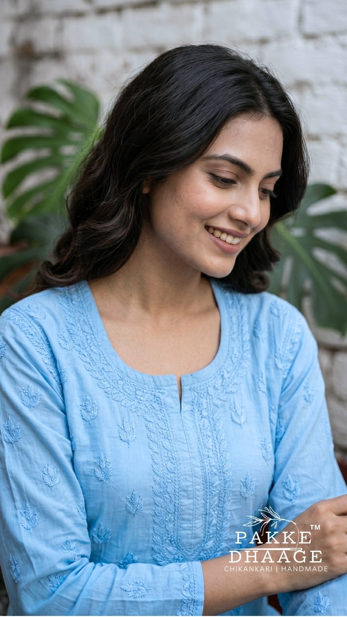 Ira Pure Cotton Chikankari Short Kurti - Powder Blue