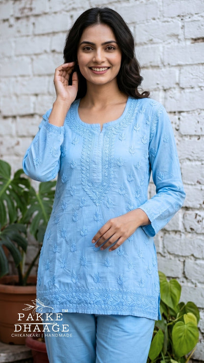Ira Pure Cotton Chikankari Short Kurti - Powder Blue