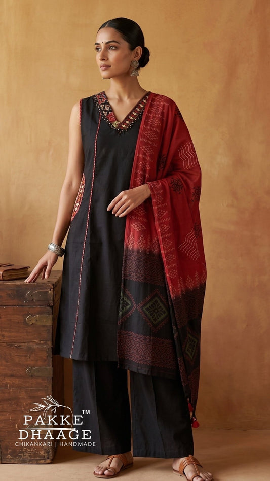 A woman models a black three-piece salwar kameez suit with red and gold embroidery on the neckline and sleeves, paired with a red and black patterned dupatta, set against a warm brown textured backdrop.