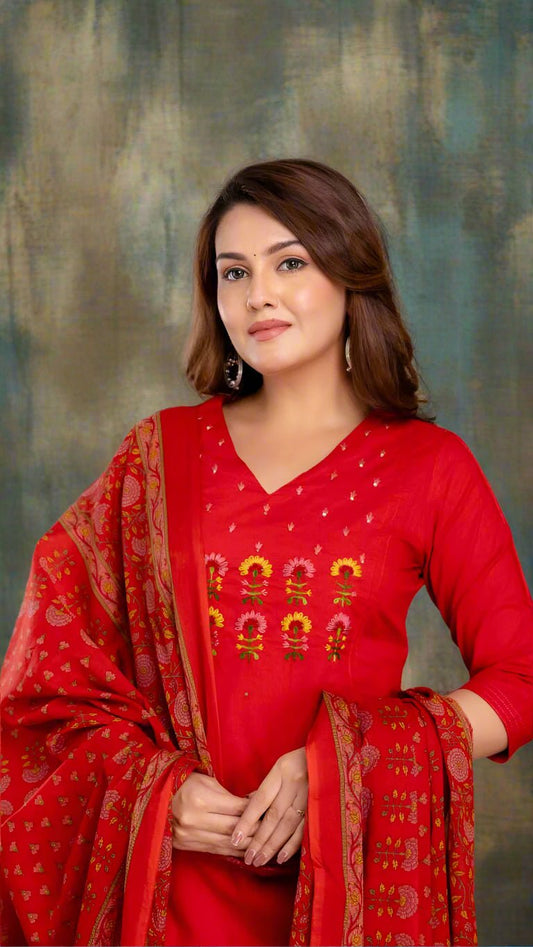Woman wearing a red traditional kurta set with embroidery against a textured wall background