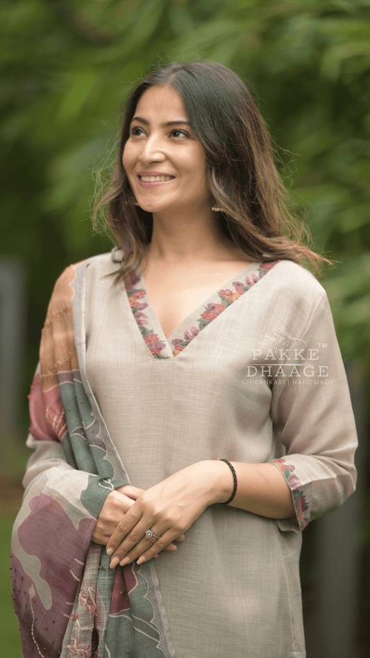 Kantha Embroidered Pure Linen 3-pc Suit Set Beige