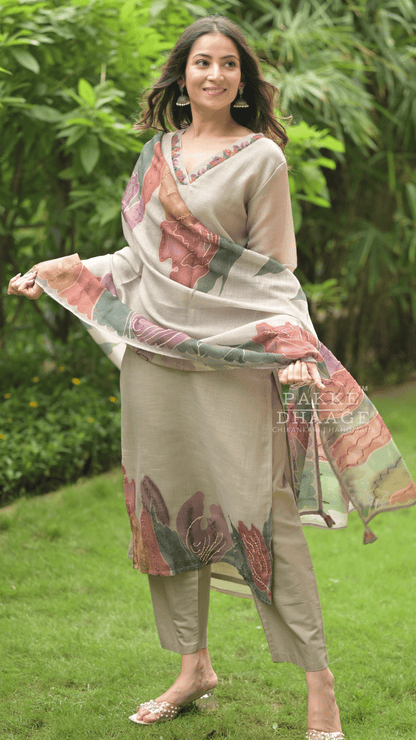 Kantha Embroidered Pure Linen 3-pc Suit Set Grey